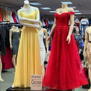 Let’s Fashion #7707 yellow off the shoulder sequined lace top with slit in skirt